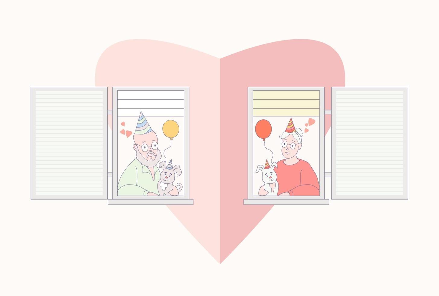 een ouder echtpaar zoekt een huis. gevel van een huis met open ramen. oude man en oude vrouw met honden en ballonnen. vector