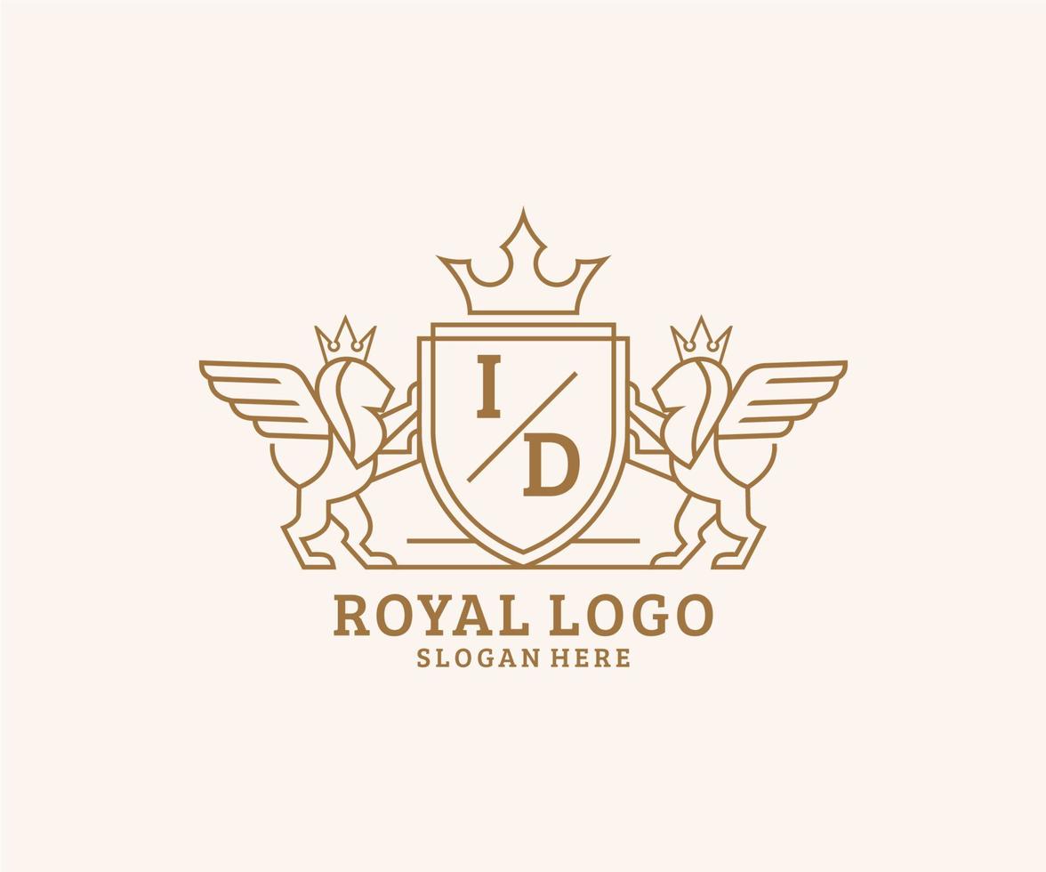 eerste ID kaart brief leeuw Koninklijk luxe heraldisch, wapen logo sjabloon in vector kunst voor restaurant, royalty, boetiek, cafe, hotel, heraldisch, sieraden, mode en andere vector illustratie.