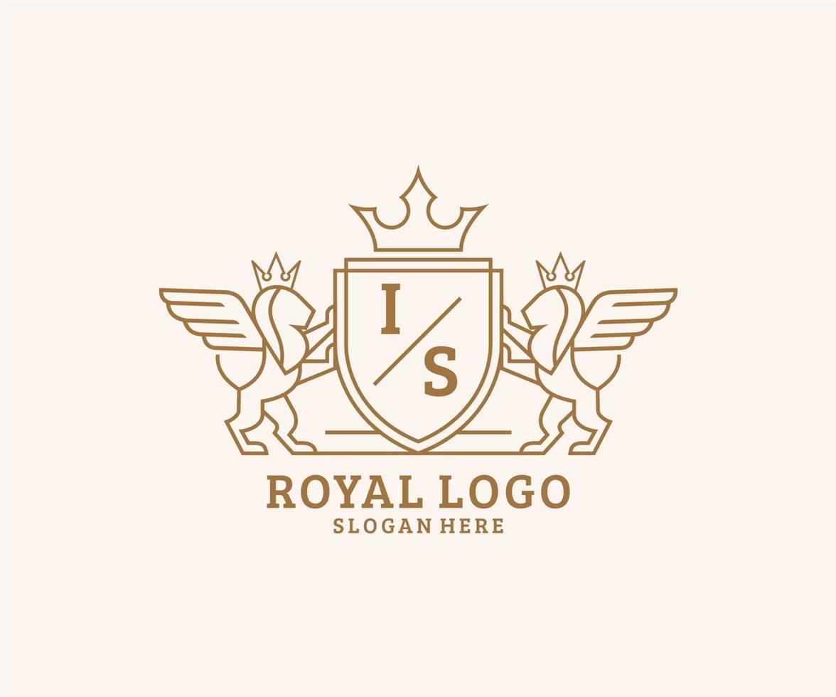 eerste is brief leeuw Koninklijk luxe heraldisch, wapen logo sjabloon in vector kunst voor restaurant, royalty, boetiek, cafe, hotel, heraldisch, sieraden, mode en andere vector illustratie.