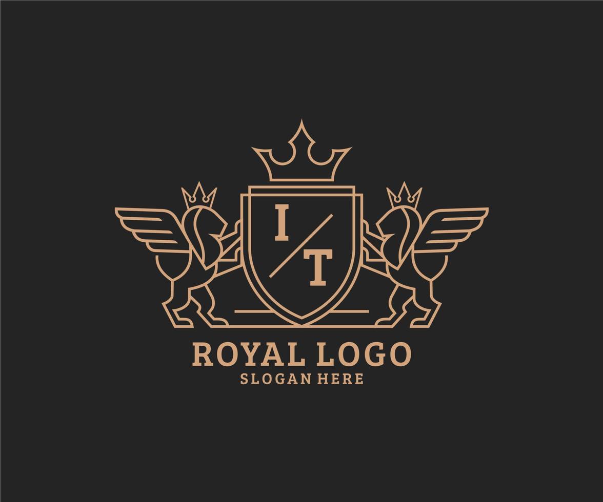 eerste het brief leeuw Koninklijk luxe heraldisch, wapen logo sjabloon in vector kunst voor restaurant, royalty, boetiek, cafe, hotel, heraldisch, sieraden, mode en andere vector illustratie.