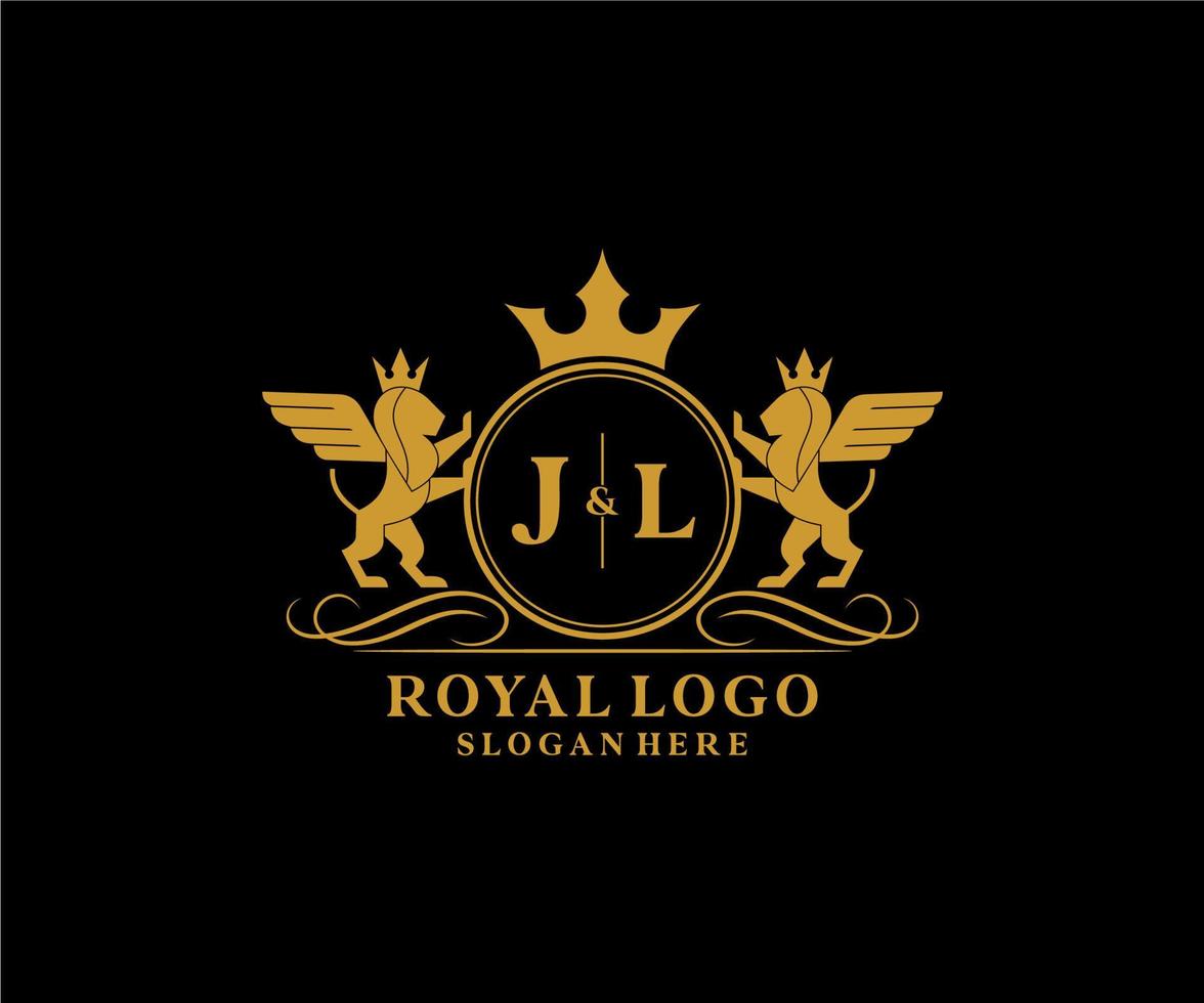 eerste jl brief leeuw Koninklijk luxe heraldisch, wapen logo sjabloon in vector kunst voor restaurant, royalty, boetiek, cafe, hotel, heraldisch, sieraden, mode en andere vector illustratie.