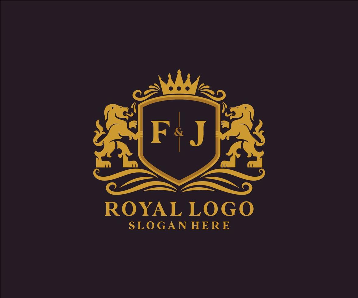 eerste fj brief leeuw Koninklijk luxe logo sjabloon in vector kunst voor restaurant, royalty, boetiek, cafe, hotel, heraldisch, sieraden, mode en andere vector illustratie.