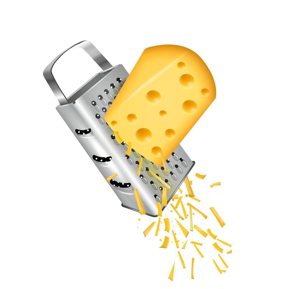 stuk van geel kaas geraspt Aan een handleiding rasp. vector illustratie geïsoleerd Aan wit achtergrond.