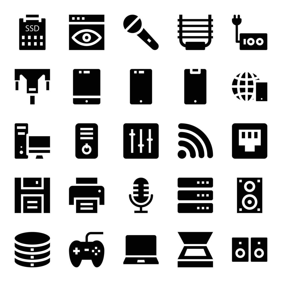 glyph pictogrammen voor computer hardware. vector