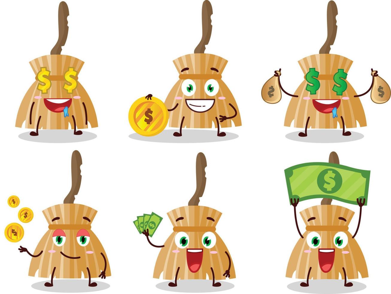 heks bezem tekenfilm karakter met schattig emoticon brengen geld vector