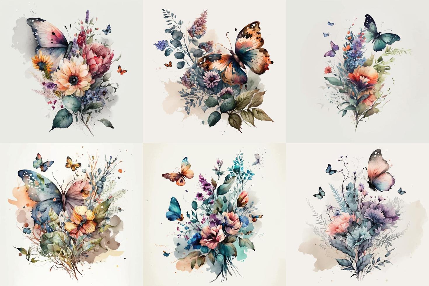 vlinder waterverf set, bloemen illustratie, bloemen bloem, bloemen bundel vector