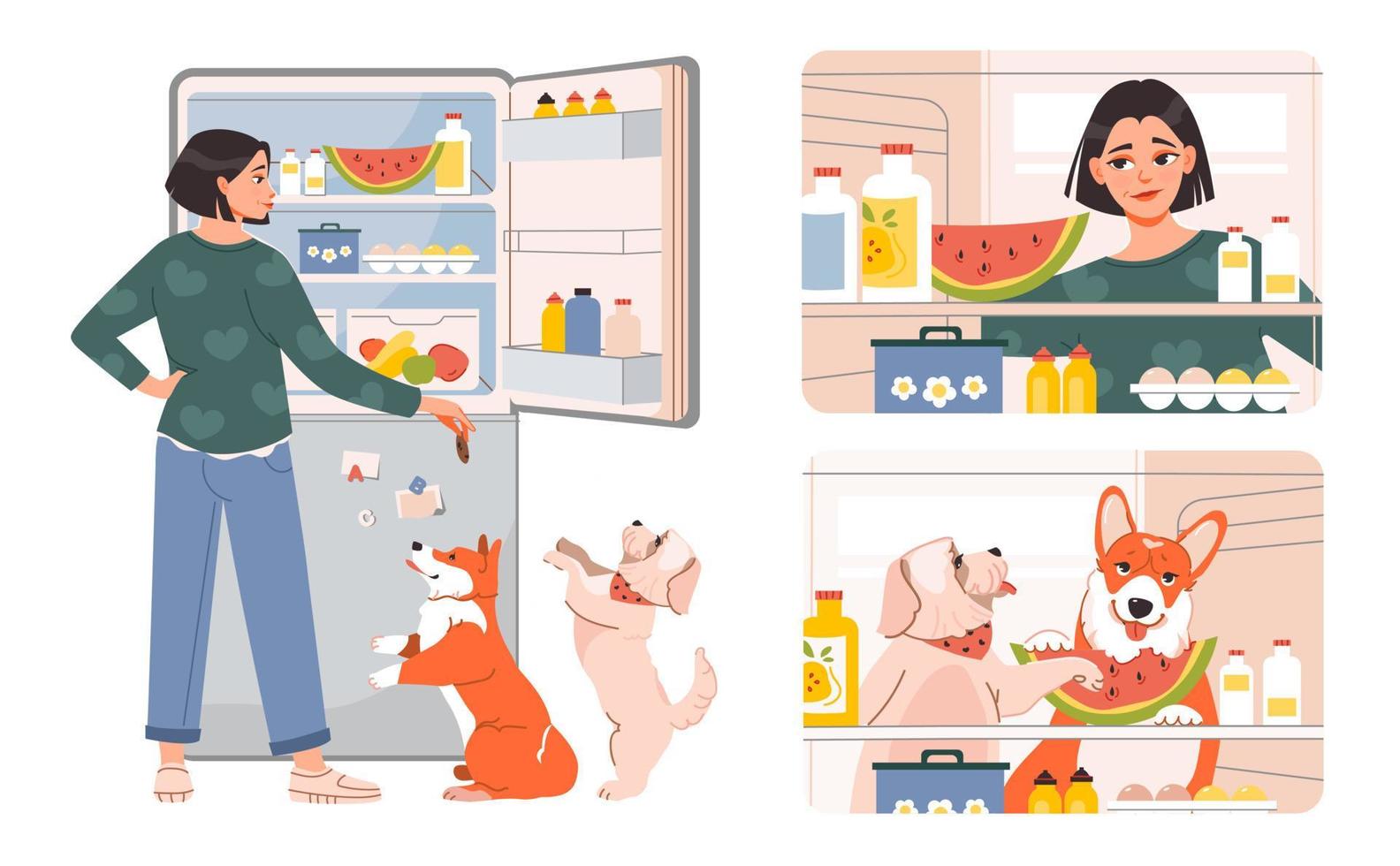 huisdier baasje. de vrouw geopend de koelkast met voedsel en feeds de huisdieren. hongerig vrouw controle koelkast met voedsel. honden Kiezen voedsel in de koelkast. vlak vector illustratie.