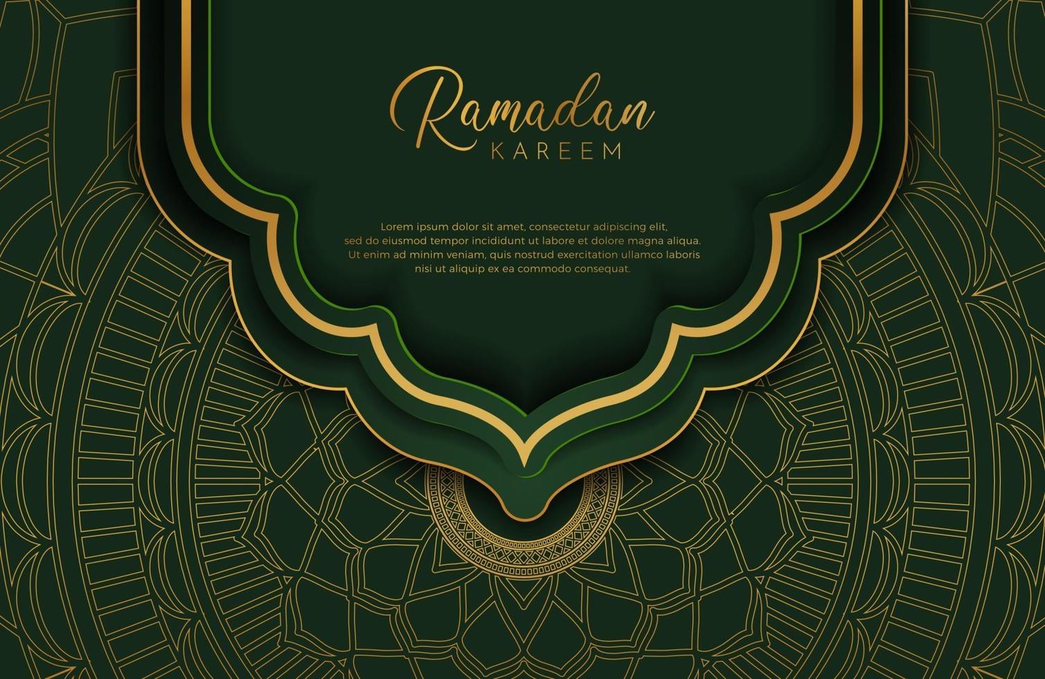 ramadan kareem achtergrond in luxe stijl. vectorillustratie van donkergroen Arabisch ontwerp met gouden lijn mandala ornament voor islamitische heilige maand vieringen. vector