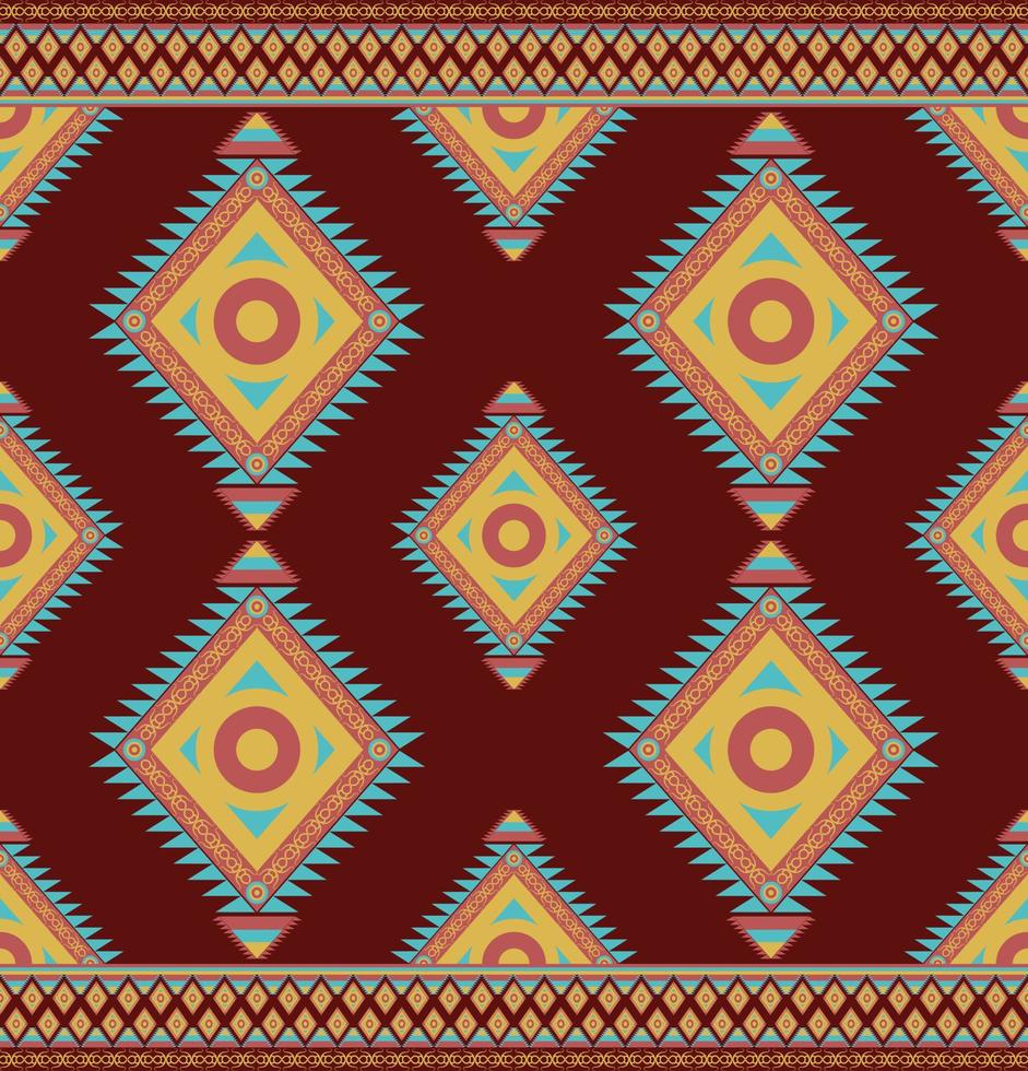 etnisch volk meetkundig naadloos patroon in rood, oranje en cyaan toon in vector illustratie ontwerp voor kleding stof, mat, tapijt, sjaal, omhulsel papier, tegel en meer