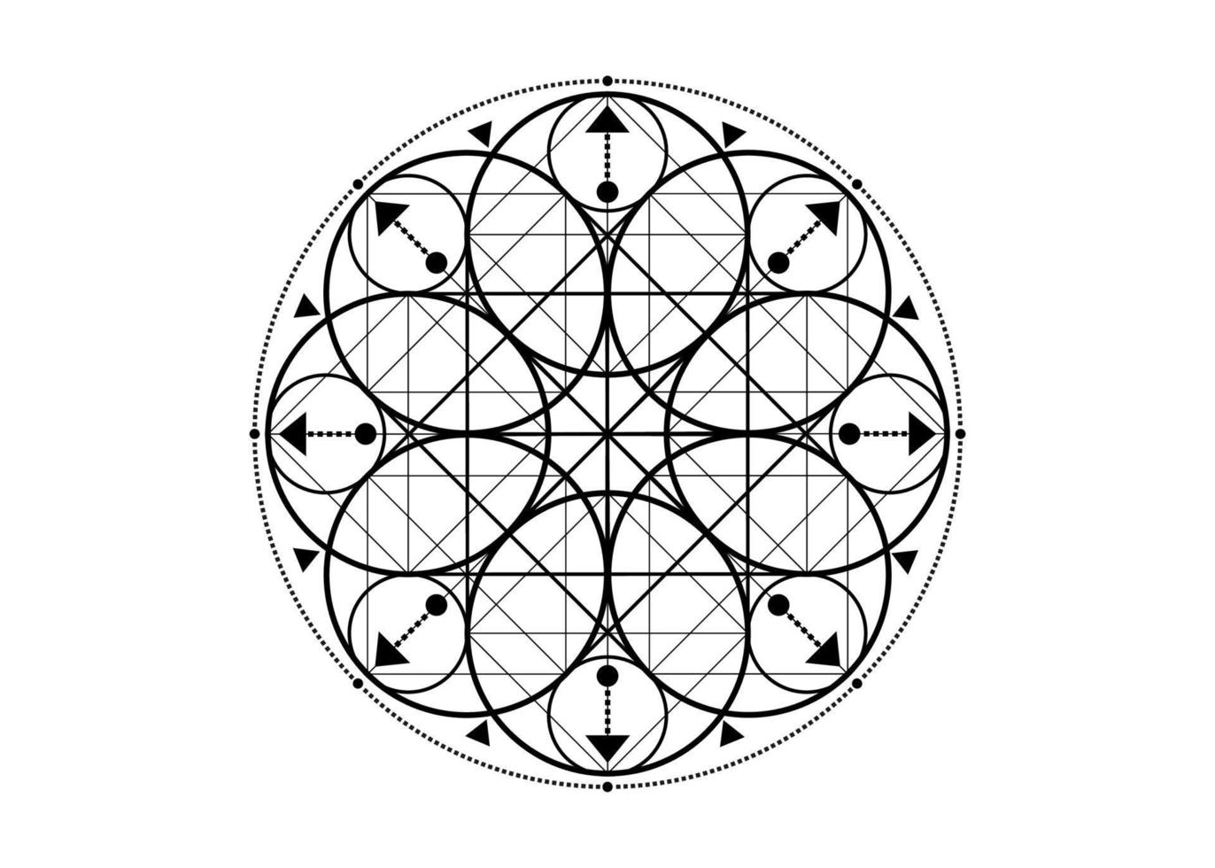 heilig geometrie symbool. logo icoon meetkundig mysticus mandala van alchimie esoterisch bloem van leven. mystiek pijlen van fortuin, zwart vector tatoeëren goddelijk meditatief amulet geïsoleerd Aan wit achtergrond