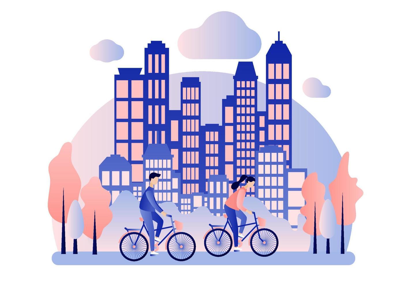 fiets verhuur. achtergrond de stad met wolkenkrabbers. vlak tekenfilm stijl. vector illustratie
