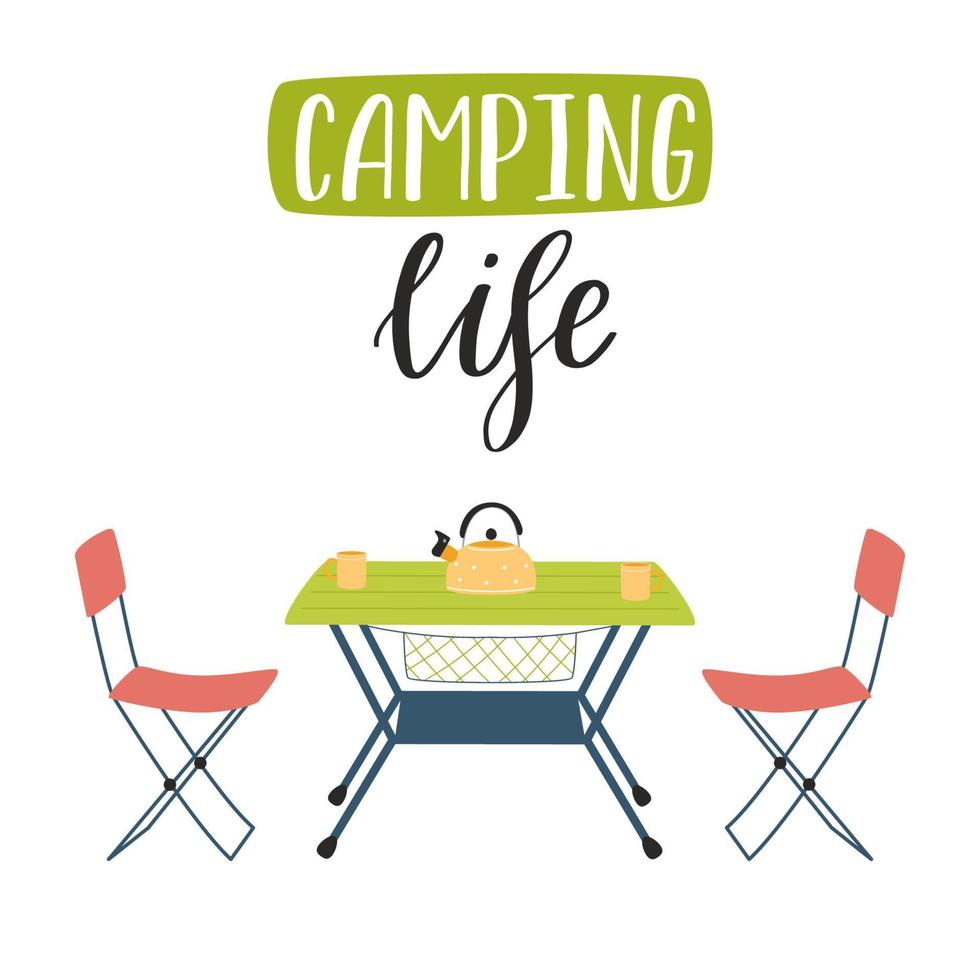 camping vouwen tafel en stoelen en handgeschreven woorden - camping leven.toerist meubilair voor picknicks, buitenshuis recreatie, rust uit in natuur. vlak tekenfilm vector illustratie geïsoleerd Aan een wit achtergrond