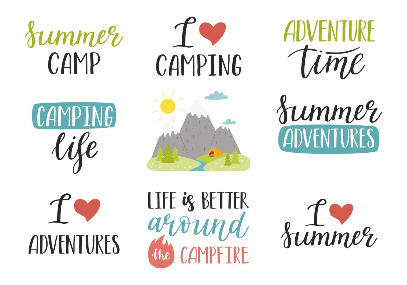 een reeks van handgeschreven zinnen voor zomer, vakantie, toerisme, hiking, avontuur, camping. hand- belettering en berg landschap. tekst element voor kaarten, affiches. kleur vlak vector illustratie Aan wit