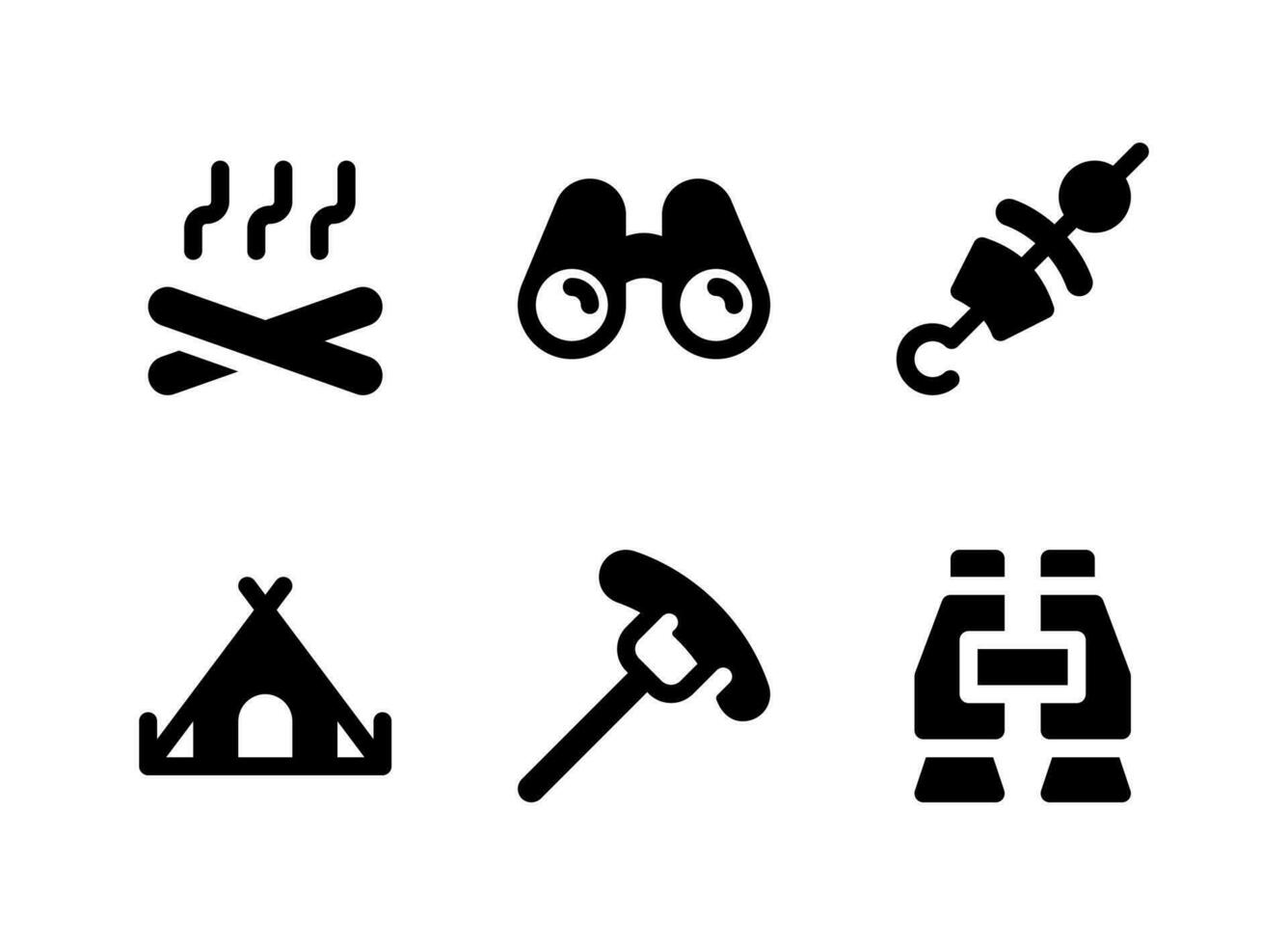 eenvoudige set van camping gerelateerde vector solide pictogrammen. bevat pictogrammen als grillvoedsel, tent, barbecue, verrekijker en meer.