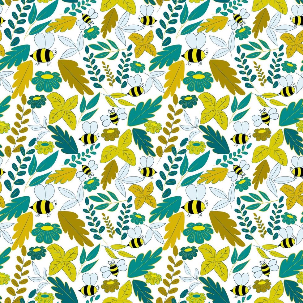 patroon met bijen, bladeren en bloemen. naadloze achtergrond in groene en gele kleuren. vector