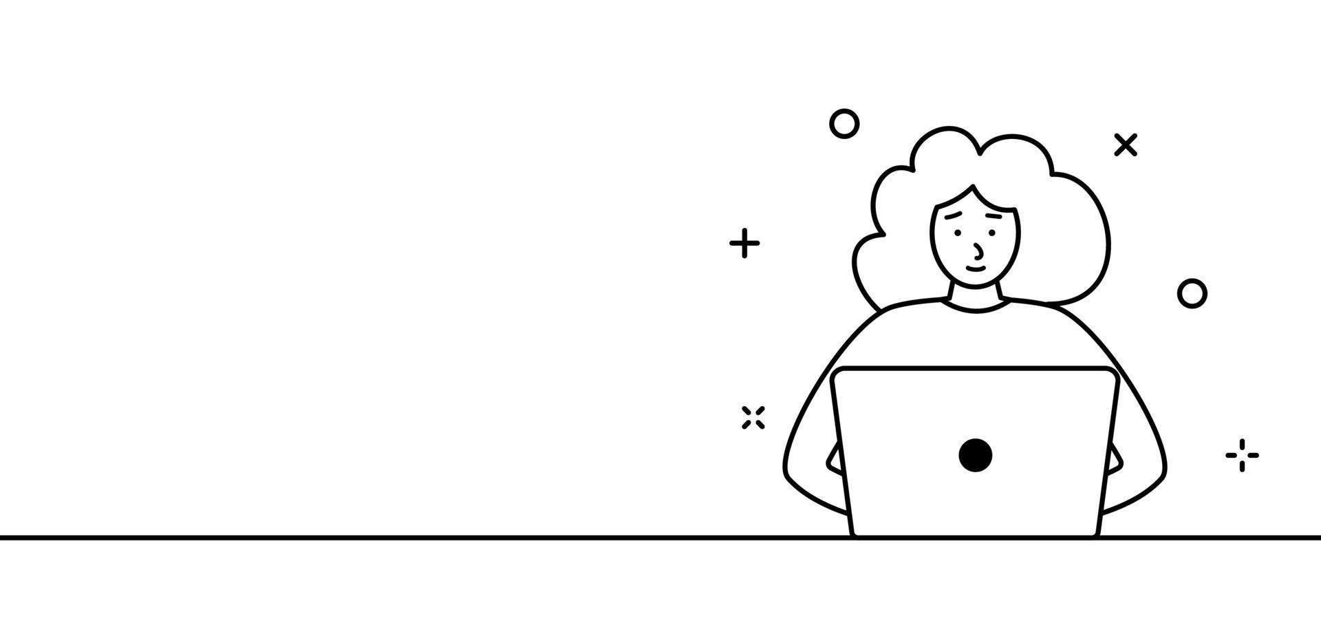 werk plaats web banier, vrouw werken Bij bureau met laptop. lijn illustratie vector