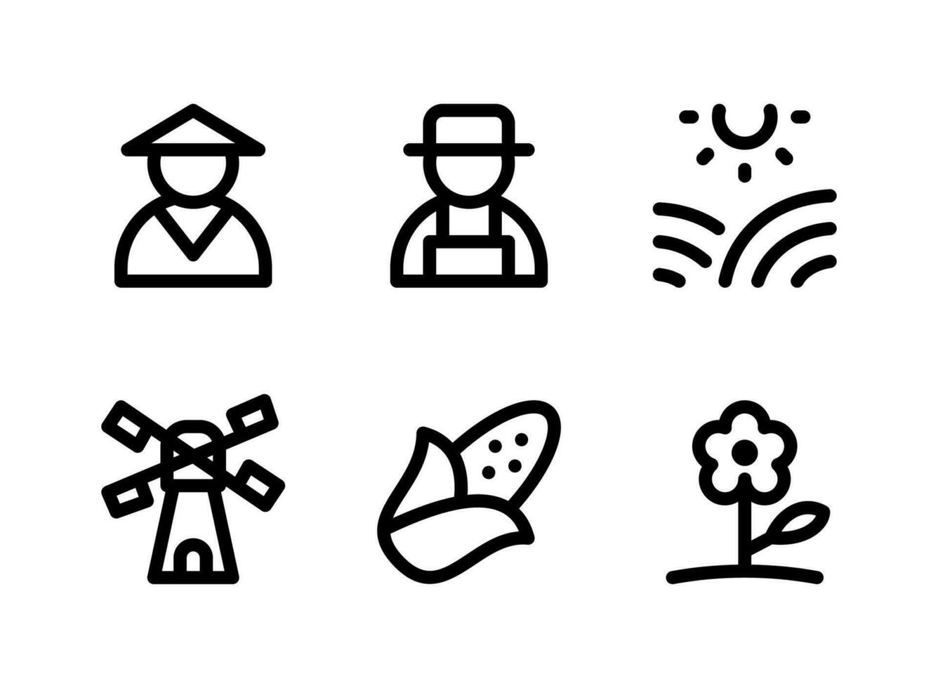 eenvoudige set van landbouw gerelateerde vector lijn iconen. bevat iconen als boer, zonnige velden, windmolen, maïs en meer.
