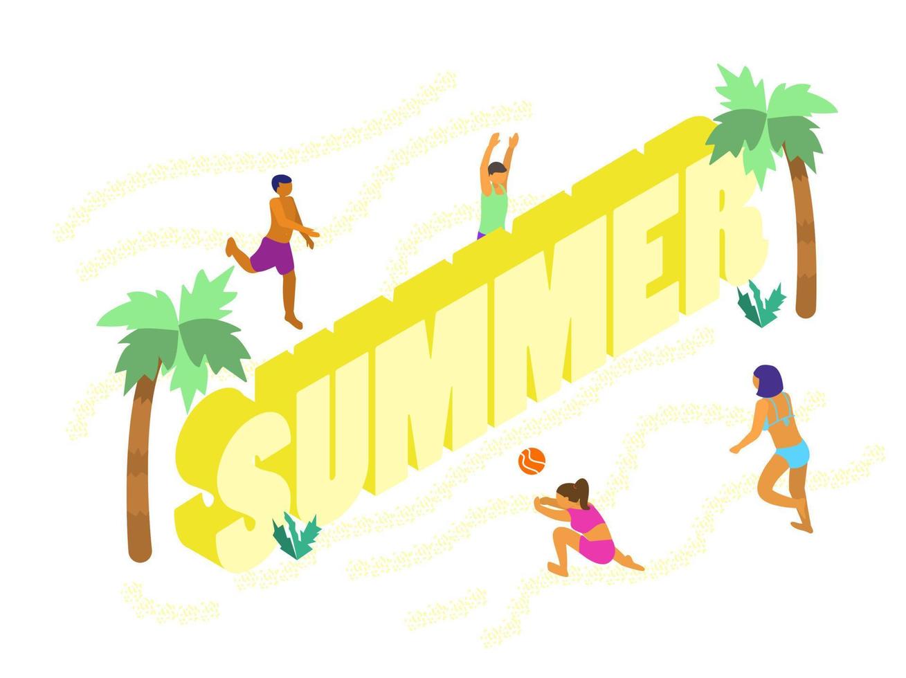 isometrische banier met mensen spelen strand volley over- de zomer belettering. zomer activiteiten. strand tafereel. vector