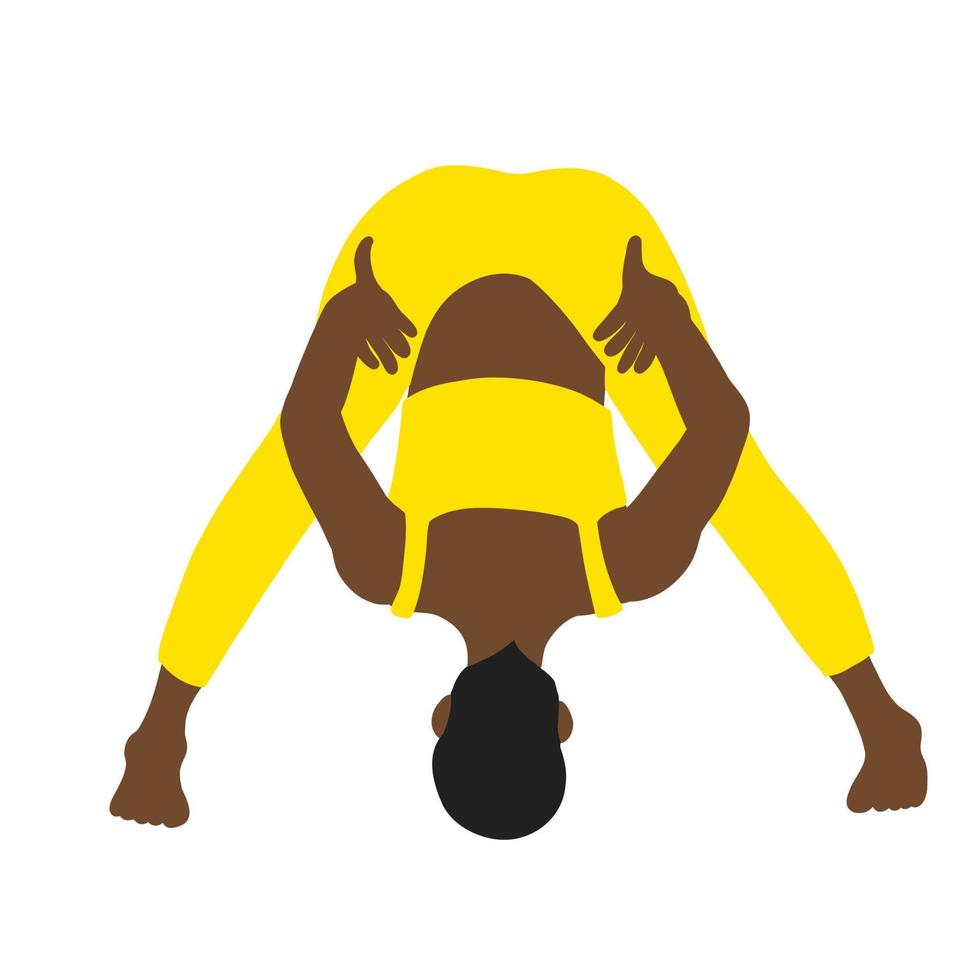 flexibiliteit yoga houding. Afrikaanse Amerikaans vrouw, dame, vrouw, meisje met geel bijhouden pak. pilates, opleiding, fitheid, sport. vector illustratie in tekenfilm vlak stijl geïsoleerd Aan wit achtergrond.