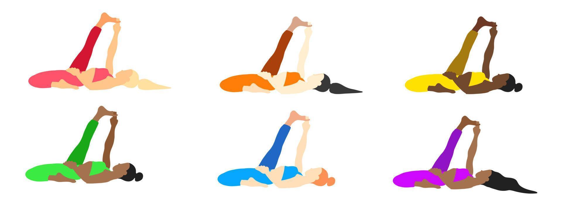 flexibiliteit yoga poses verzameling. Europese, Afrikaanse, Aziatisch vrouw, dame, vrouw, meisje. pilates, mentaal Gezondheid, opleiding, Sportschool. vector illustratie in tekenfilm vlak stijl geïsoleerd Aan wit achtergrond.