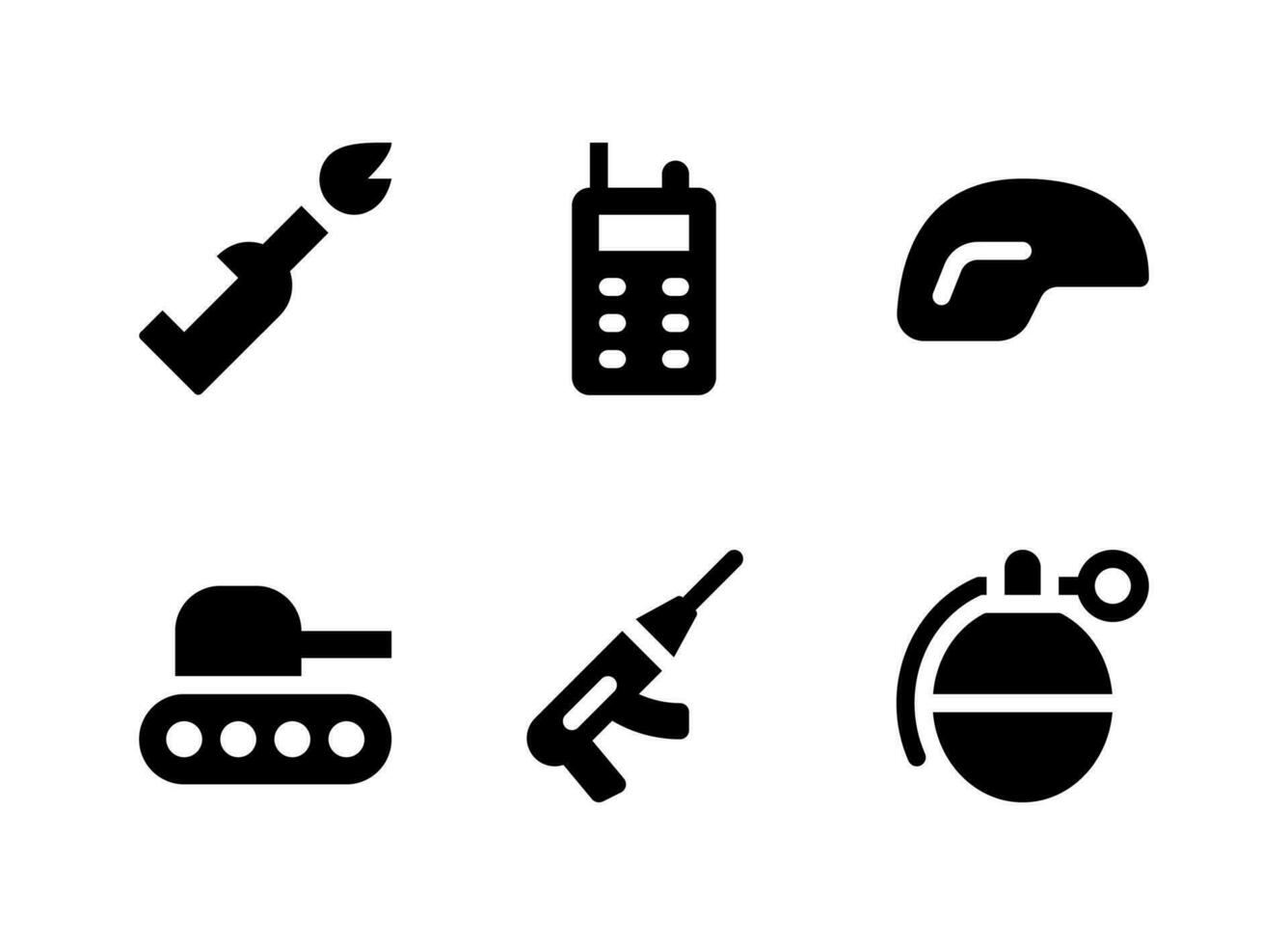 eenvoudige set van militaire gerelateerde vector solide pictogrammen. bevat iconen als helm, tank, granaat, molotov en meer.