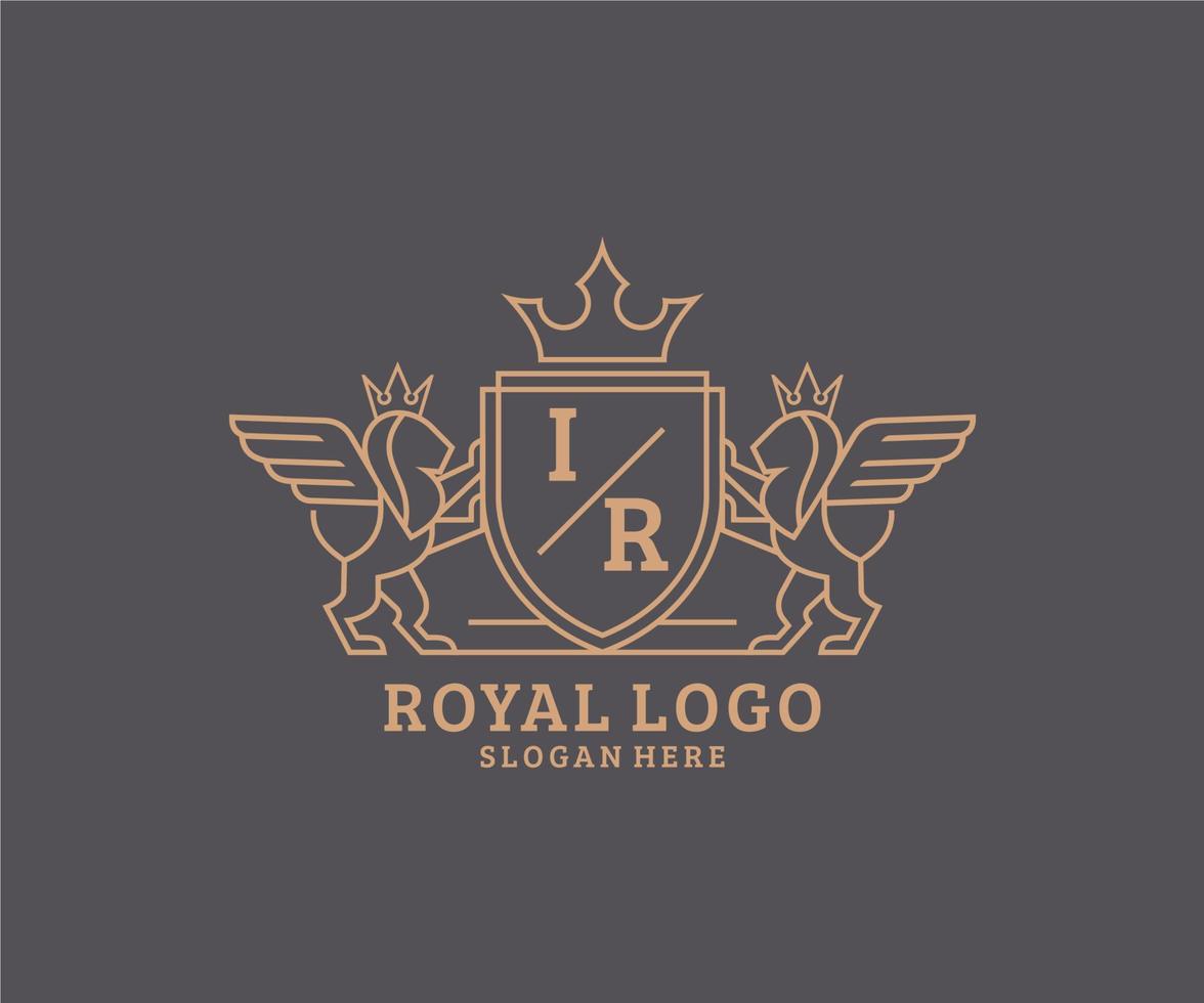 eerste ir brief leeuw Koninklijk luxe heraldisch, wapen logo sjabloon in vector kunst voor restaurant, royalty, boetiek, cafe, hotel, heraldisch, sieraden, mode en andere vector illustratie.