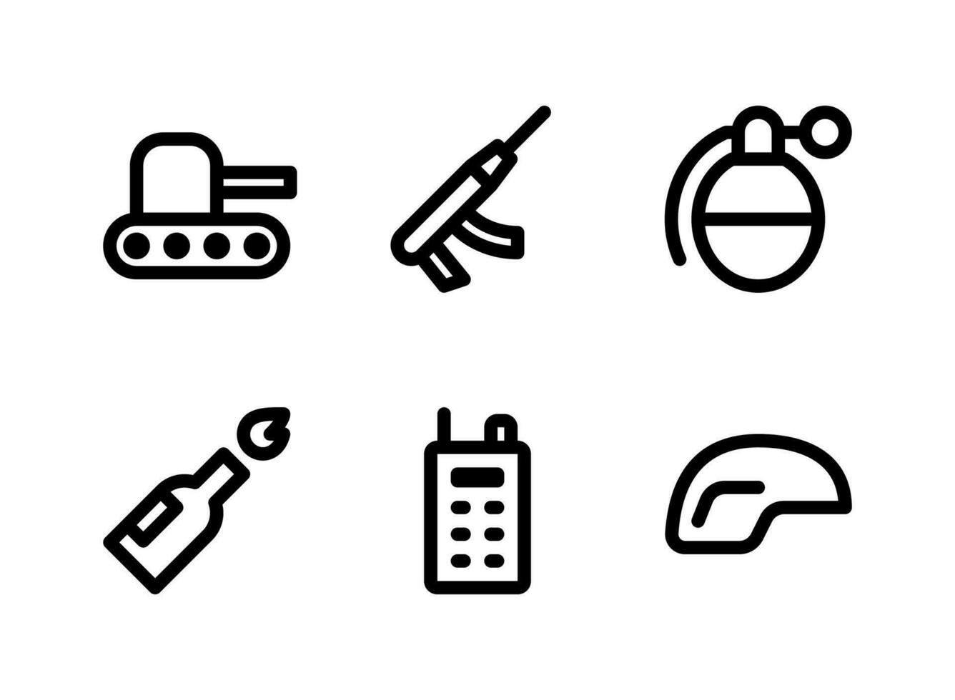 eenvoudige set van militaire gerelateerde vector lijn iconen. bevat iconen als tank, granaat, molotov, helm en meer.