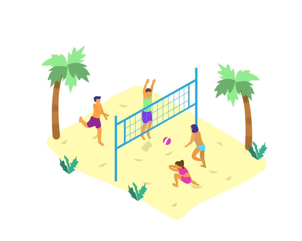 isometrische vector illustratie van strand tafereel met klein mensen in zwemmen pakken spelen strand salvo. zomer oudoors werkzaamheid.