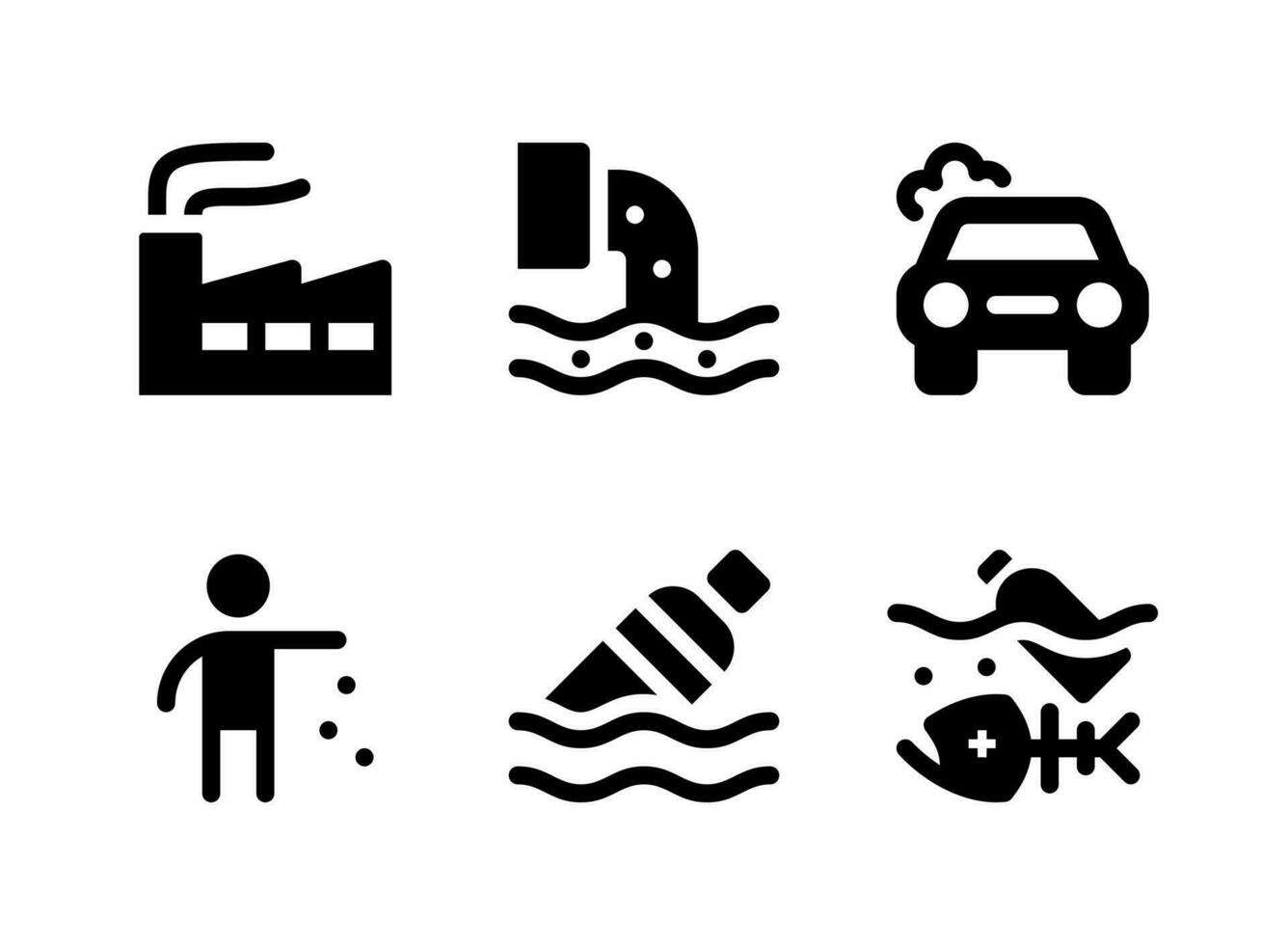 eenvoudige set van vervuiling gerelateerde vector solide pictogrammen. bevat iconen als fabriek, dode vissen, strooisel, drijvende fles en meer.