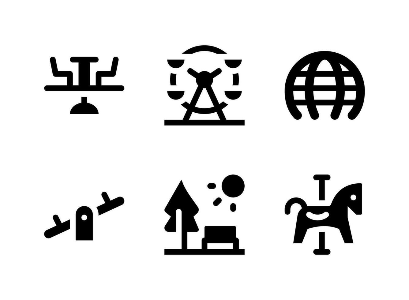 eenvoudige set van speeltuin gerelateerde vector solide pictogrammen. bevat iconen als ferris, wip, park, paardencarrousel en meer.