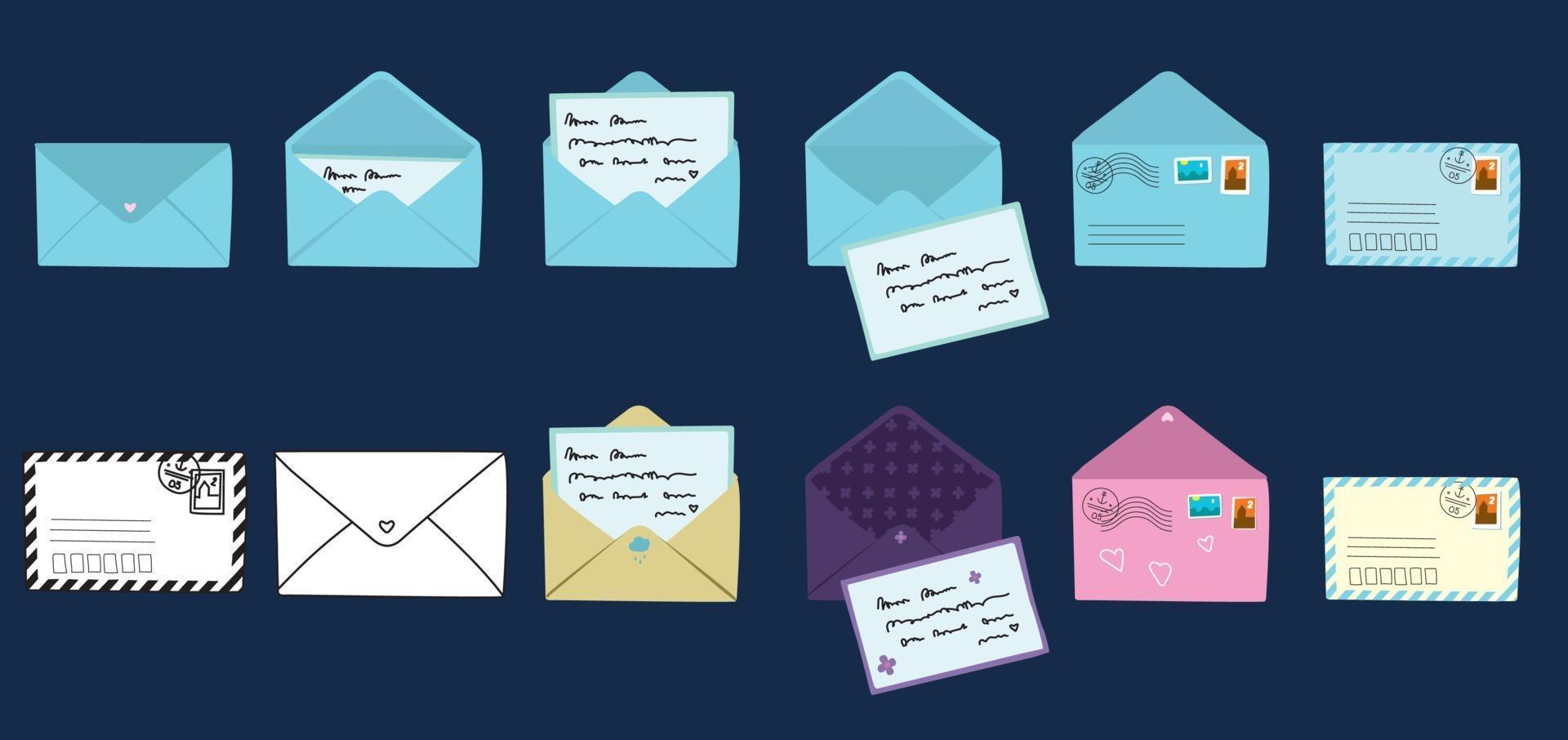 postkaart en envelop set. moderne handgetekende postkaarten en enveloppen met postzegels. verzameling liefdes- en vriendschapsbrieven. vectorillustraties voor web en print. vector