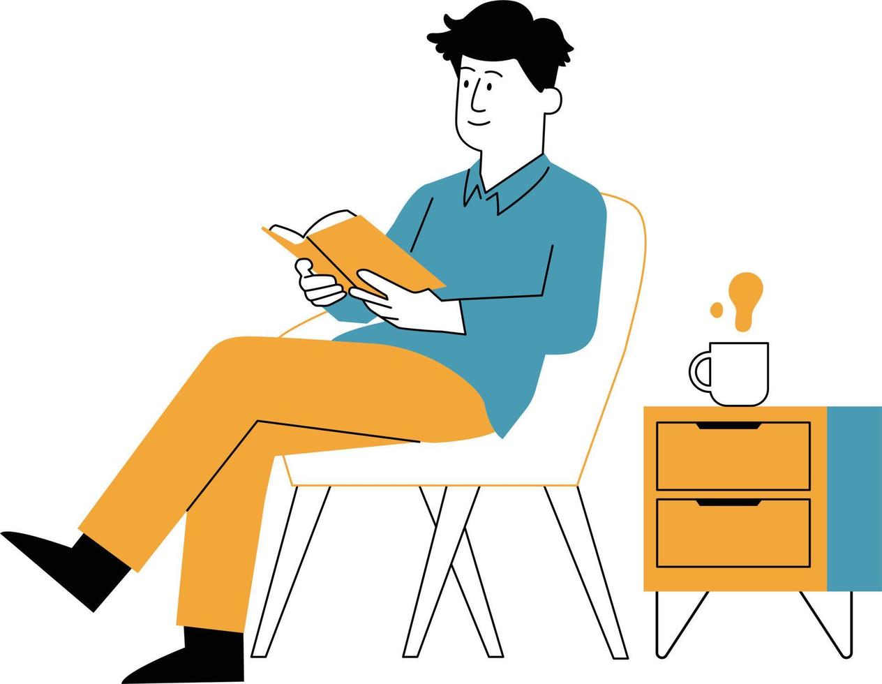 Mens lezing een boek zittend Aan een stoel en drinken koffie. vlak stijl vector illustratie.