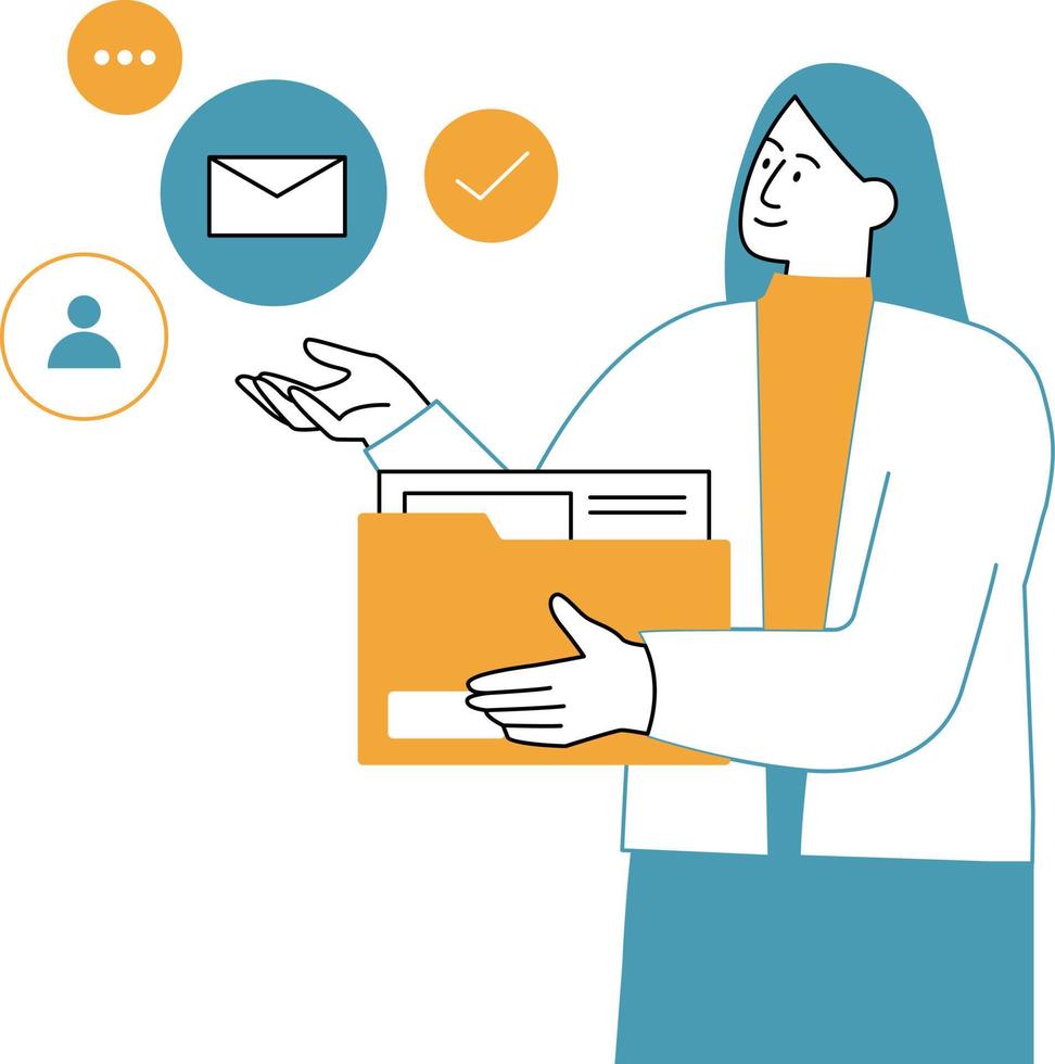 vector illustratie van een vrouw met een doos van documenten en een envelop.