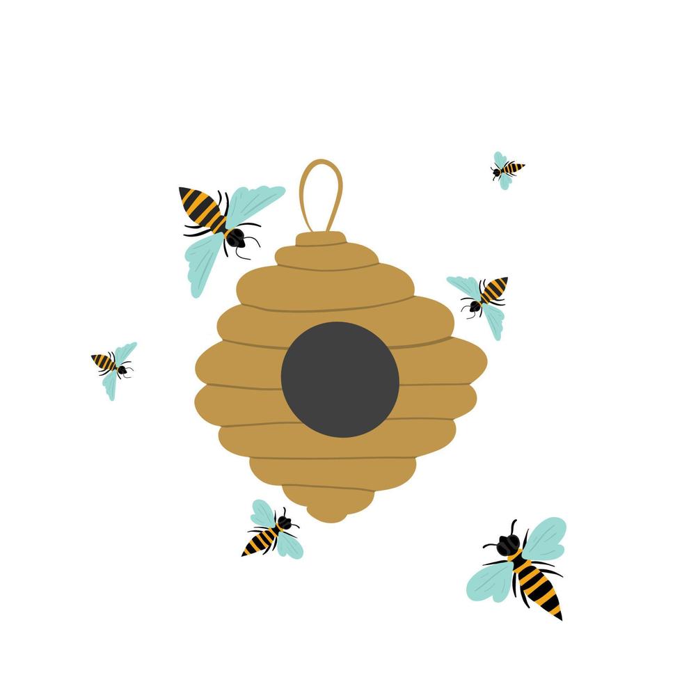 bij met een honing bijenkorf vliegend in de omgeving van vector