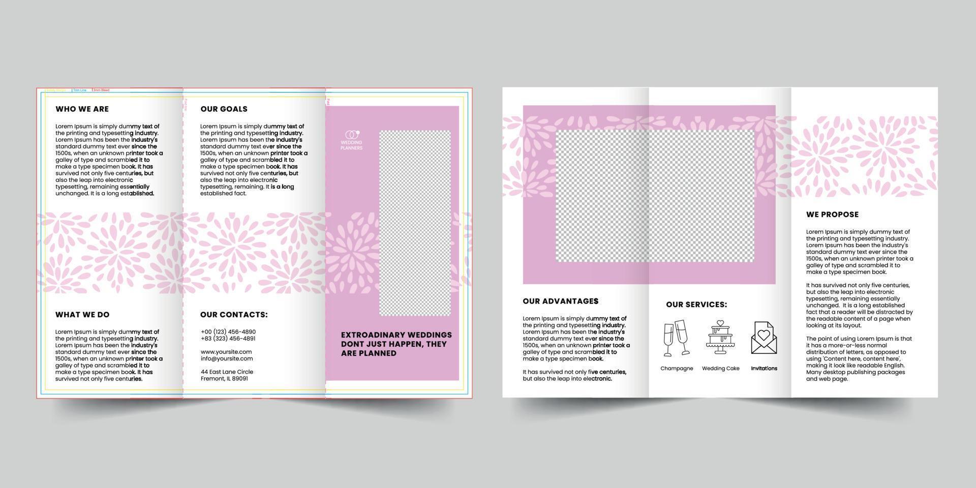 bruiloft planners drievoud brochure sjabloon, folder vector lay-out drievoud mockup pro vector