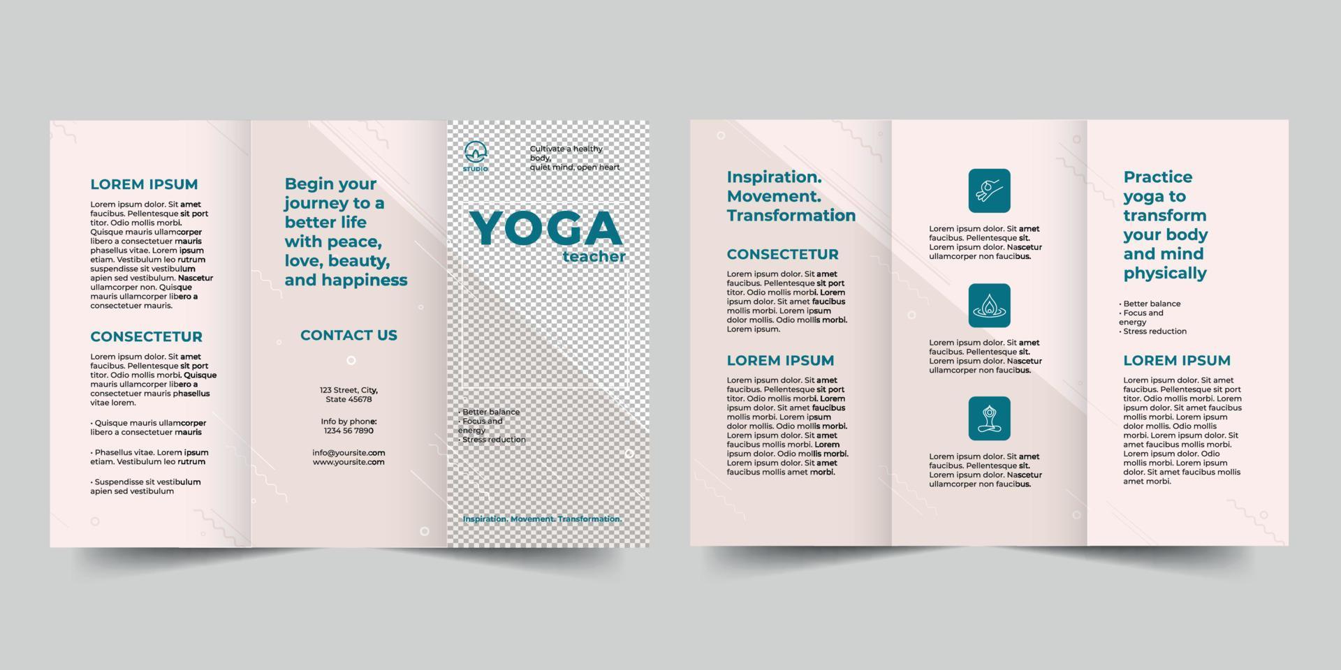 yoga instructeur drievoud brochure sjabloon, folder vector lay-out drievoud mockup pro vector