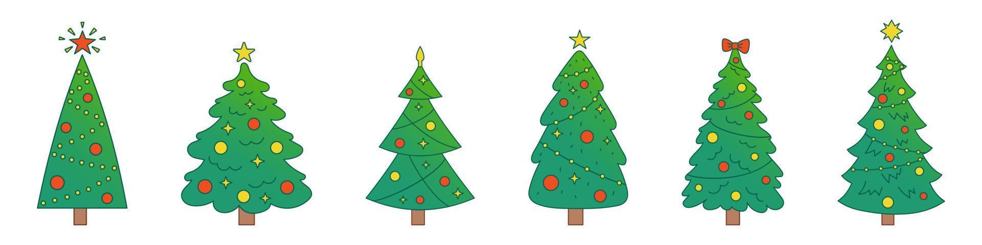 vector nieuw jaar reeks met Kerstmis bomen. groenblijvend bomen met ballen, sterren en slingers. helling Spar bomen voor kerstmis.