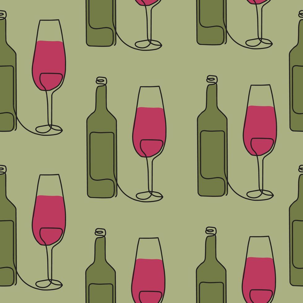 naadloos patroon. vector illustratie van een wijn fles en een glas. tekening in een lijn