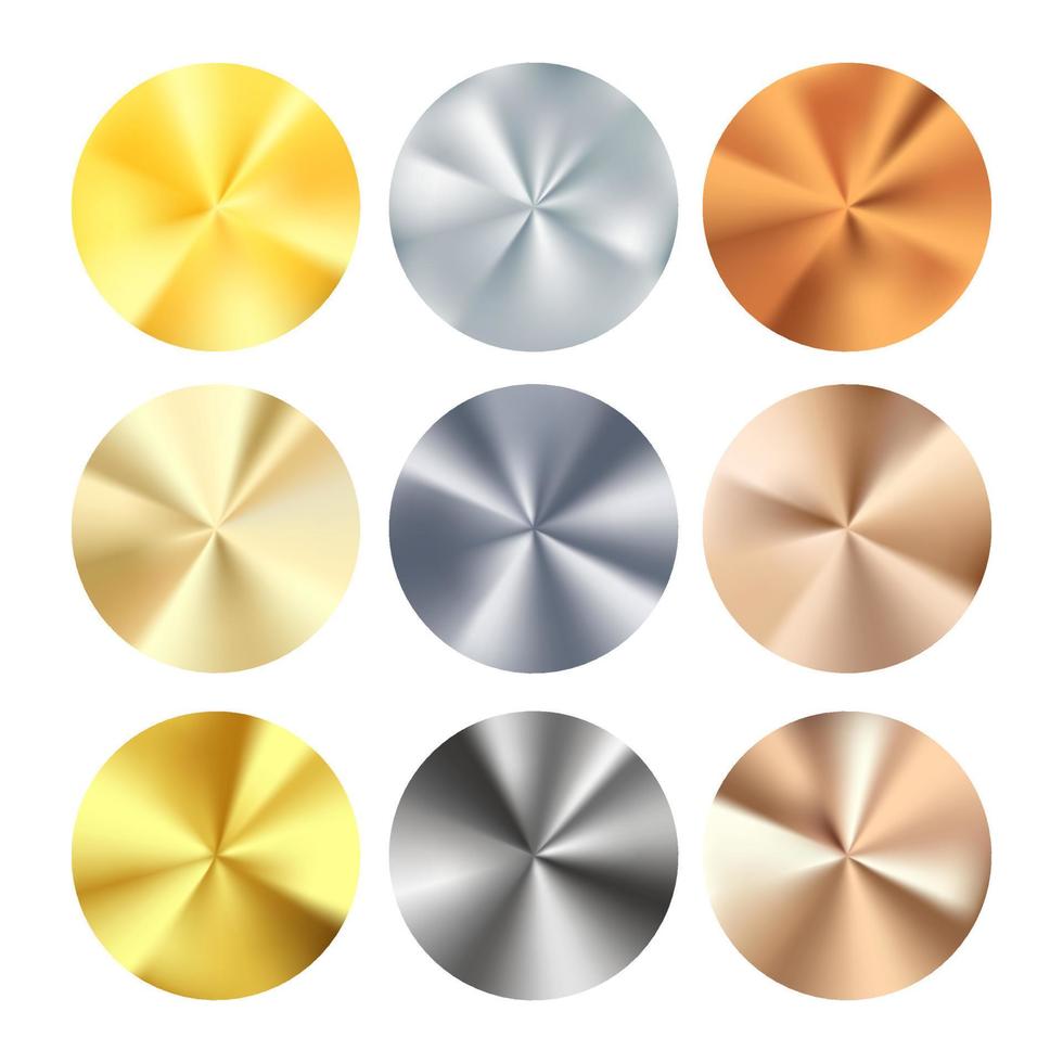 gouden zilver en bronzen radiaal helling set. verzameling van glimmend bronzen zilverachtig en goud patroon. realistisch metalen folie. vector illustratie
