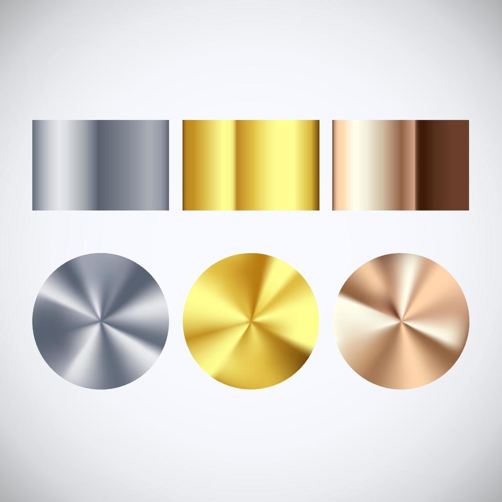 gouden zilver en bronzen radiaal helling set. verzameling van glimmend bronzen zilverachtig en goud patroon. vector illustratie