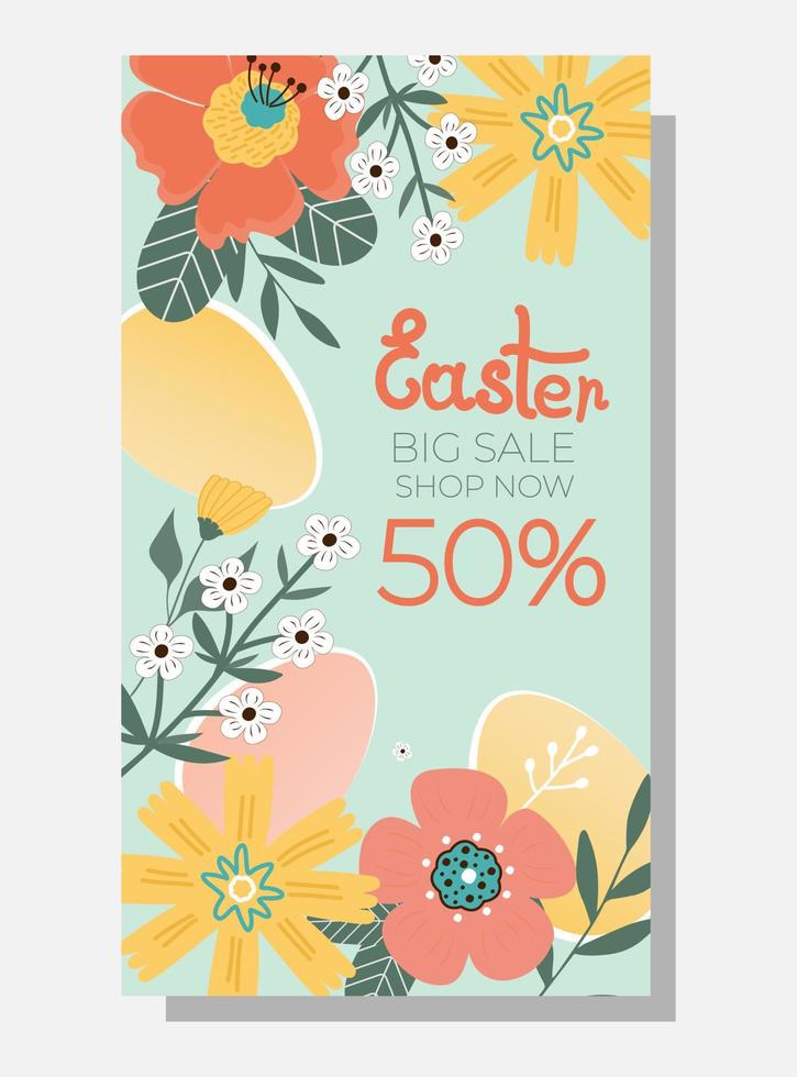 gelukkig Pasen uitverkoop spandoek. bloemen met de Pasen ei Aan blauw achtergrond. kan worden toevoegen tekst. vector