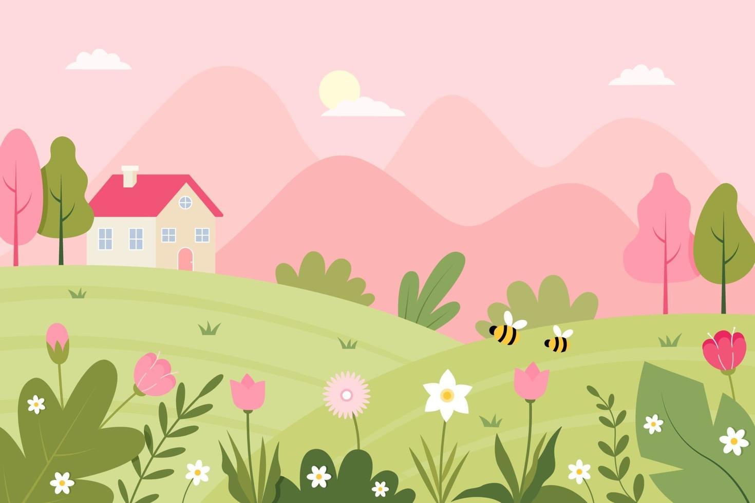 lente landschap met schattig huis en bloemen illustratie vector