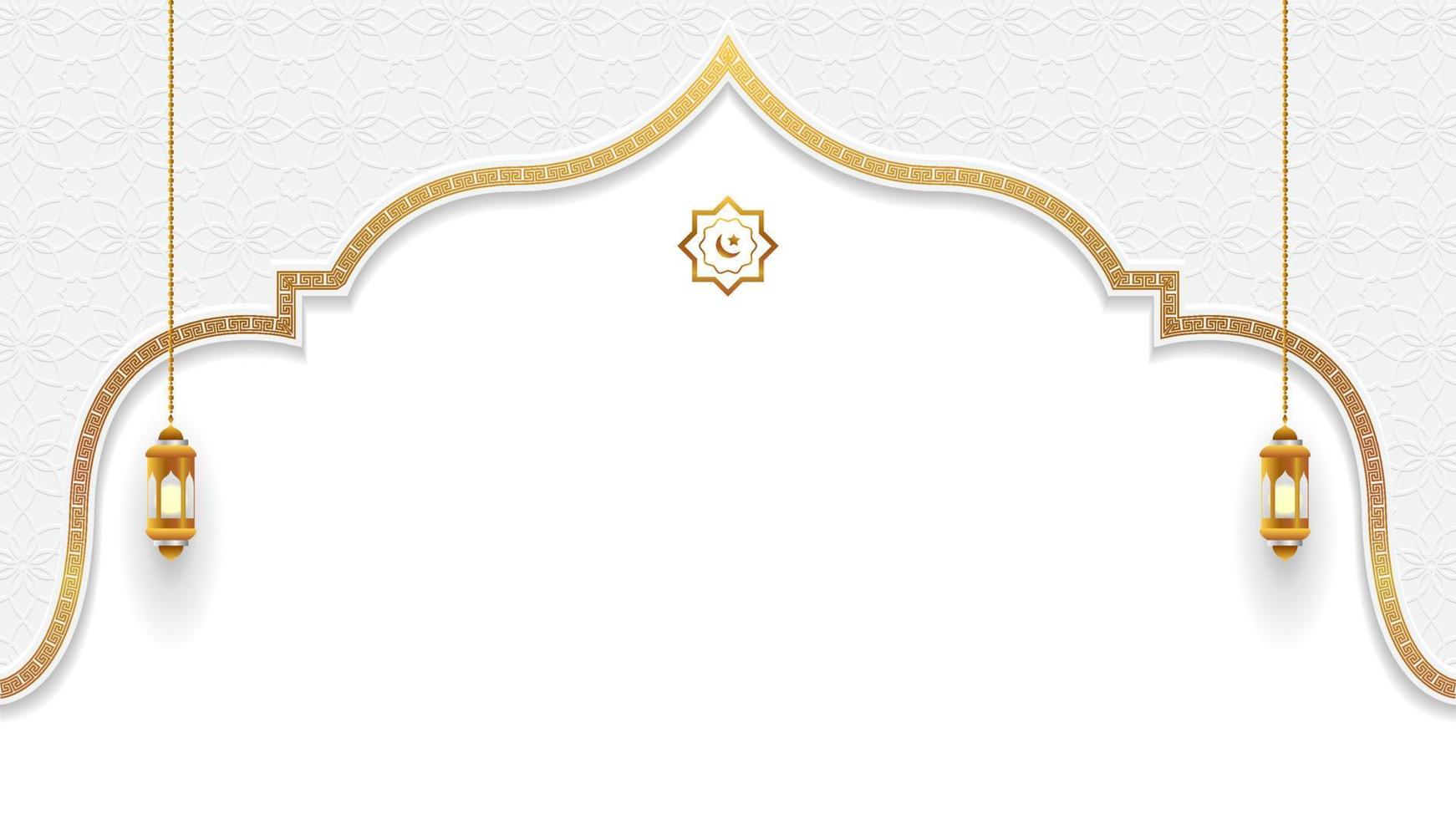 wit en goud Islamitisch boog achtergrond met lantaarn en ruimte voor tekst . Islamitisch vector illustratie