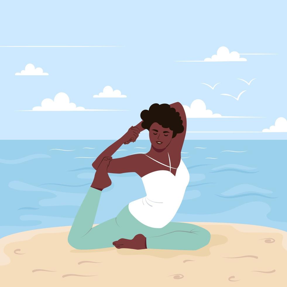 Afro-Amerikaanse vrouw beoefent yoga aan zee. het concept van ontspanning, stretching en asana op vakantie. platte vectorillustratie. vector