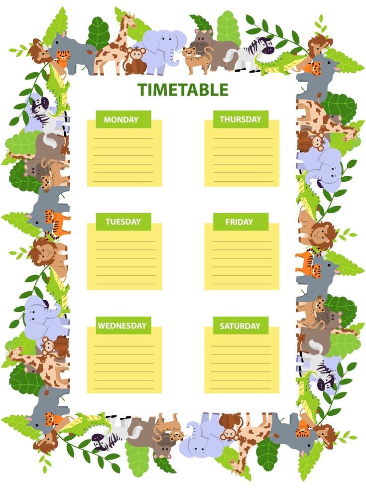 kinderen school tijdschema sjabloon met wilde dieren. olifant, leeuw, neushoorn, nijlpaard, giraf, jaguar, aap, krokodil en tijger. cartoon vectorillustratie vector