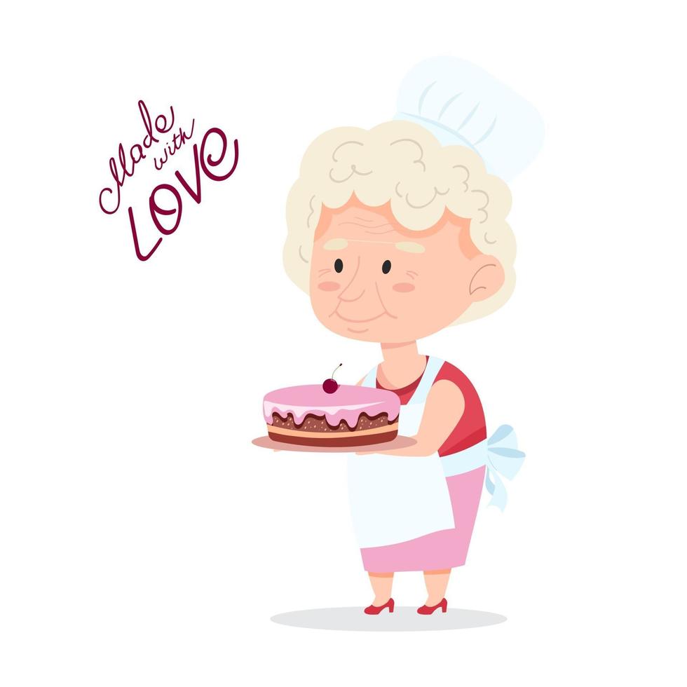 grootmoeder houdt een taart vast. een grappige oma met een gebakje muts op haar hoofd en een schort. vectorillustratie in cartoon stijl vector
