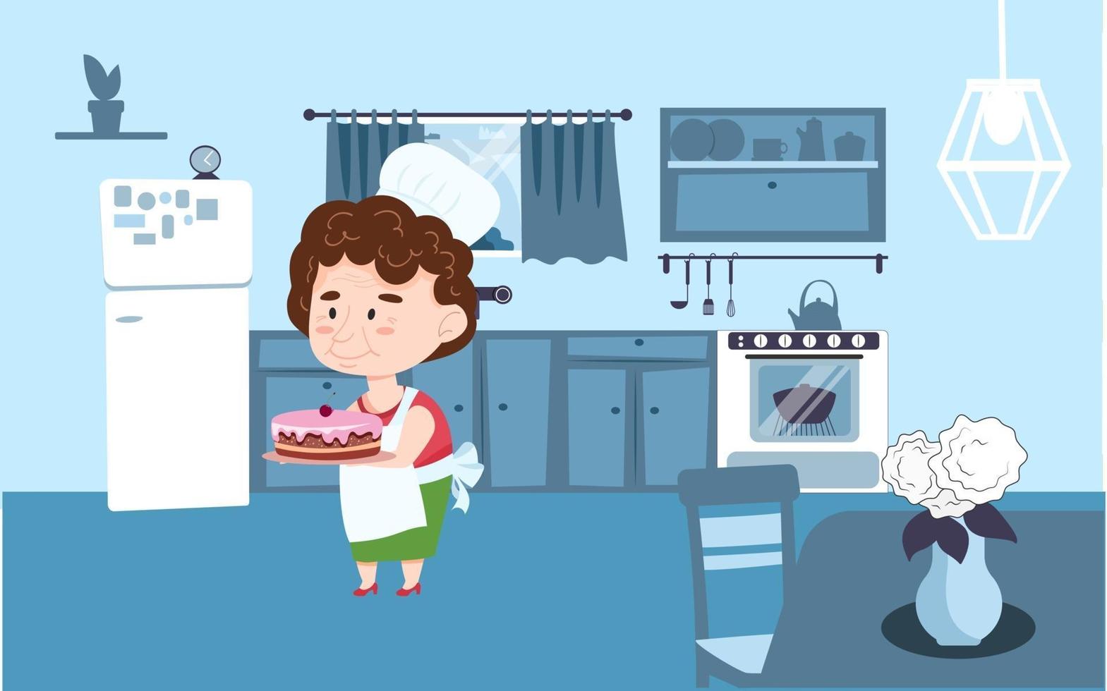 grootmoeder met een culinaire pet staat in de keuken en heeft een taart in haar handen. vectorillustratie in cartoon stijl vector