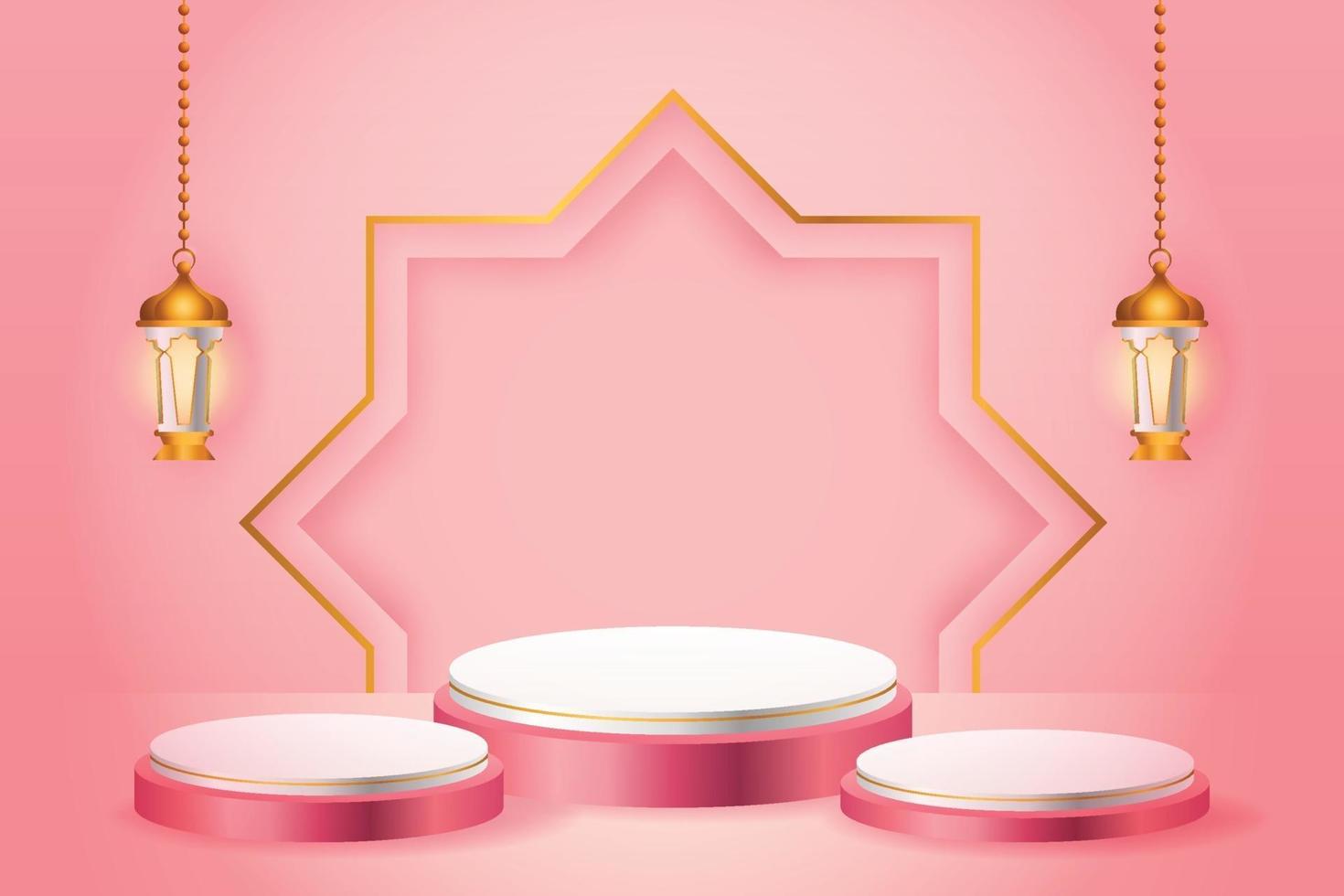 3d-productvertoning roze en wit islamitisch podiumthema met gouden lantaarn voor ramadan vector