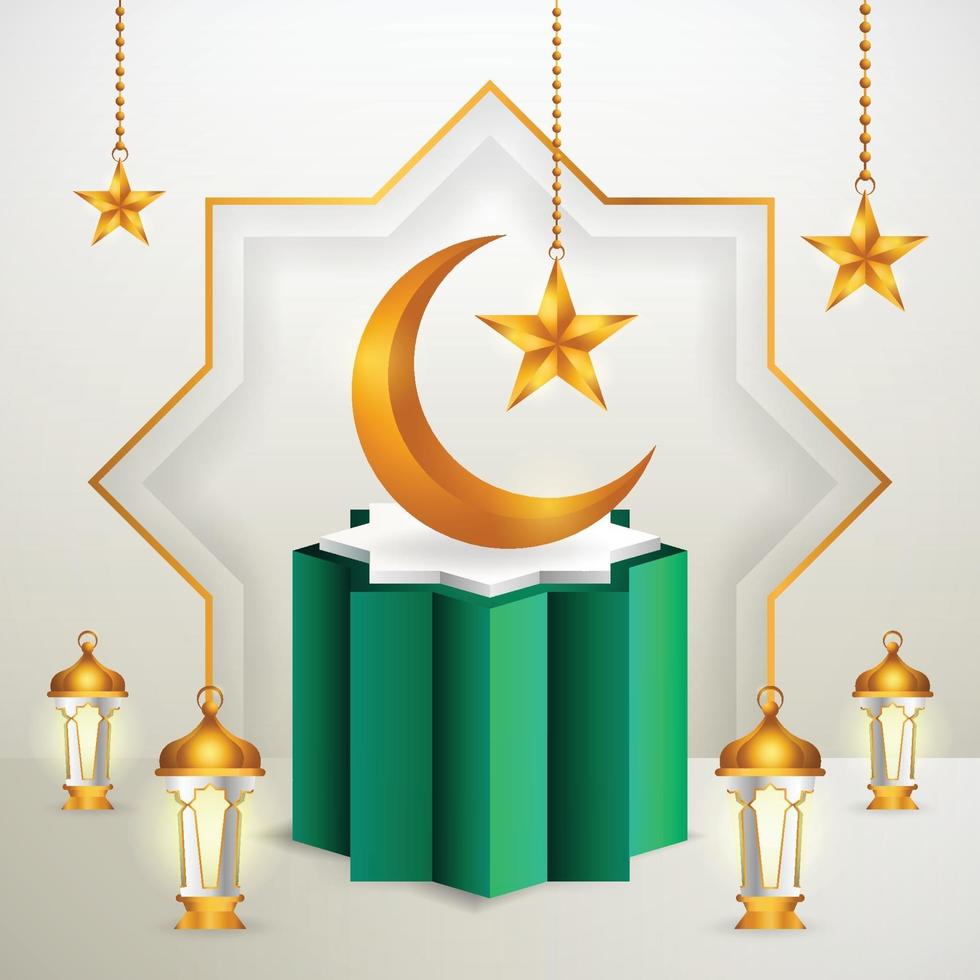 3d-productvertoning groen en wit islamitisch podiumthema met wassende maan, lantaarn en ster voor ramadan vector