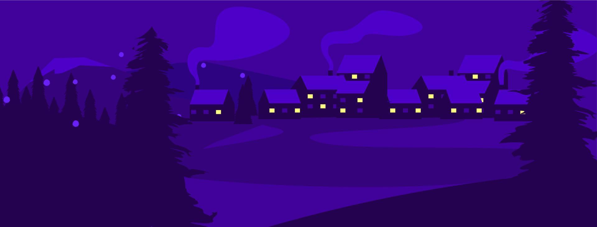 vlak ontwerp dorp vector achtergrond. vector illustratie - nacht bergen landschap. dorp nacht berg achtergrond